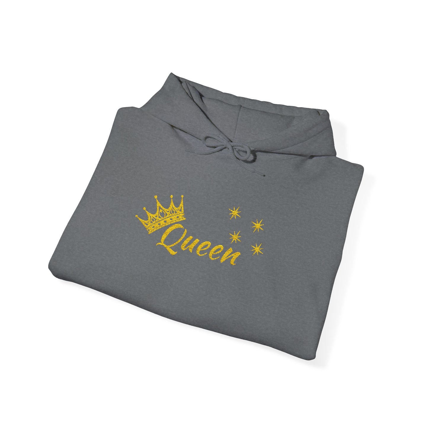 Queen Crown Hoodie — Glitter Gold "Queen" Graphic Hooded Sweatshirt