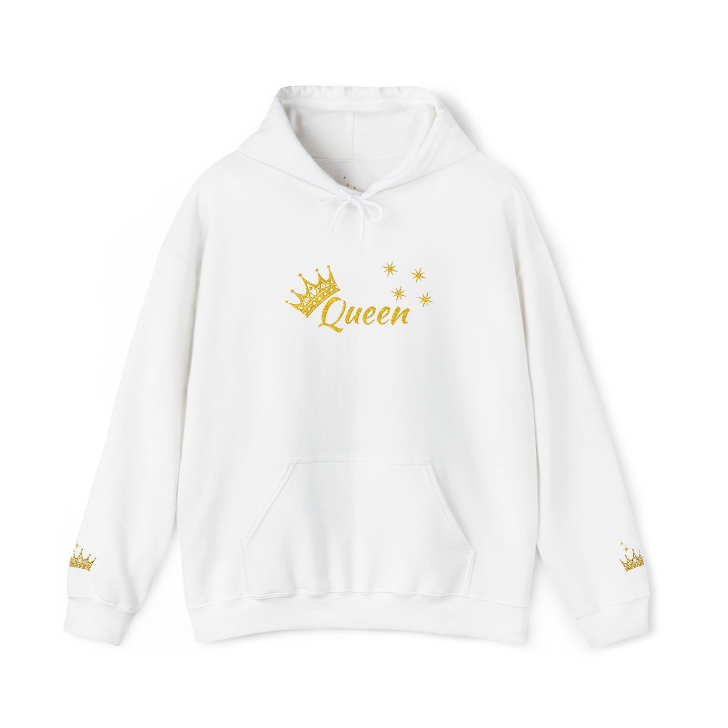 Queen Crown Hoodie — Glitter Gold "Queen" Graphic Hooded Sweatshirt