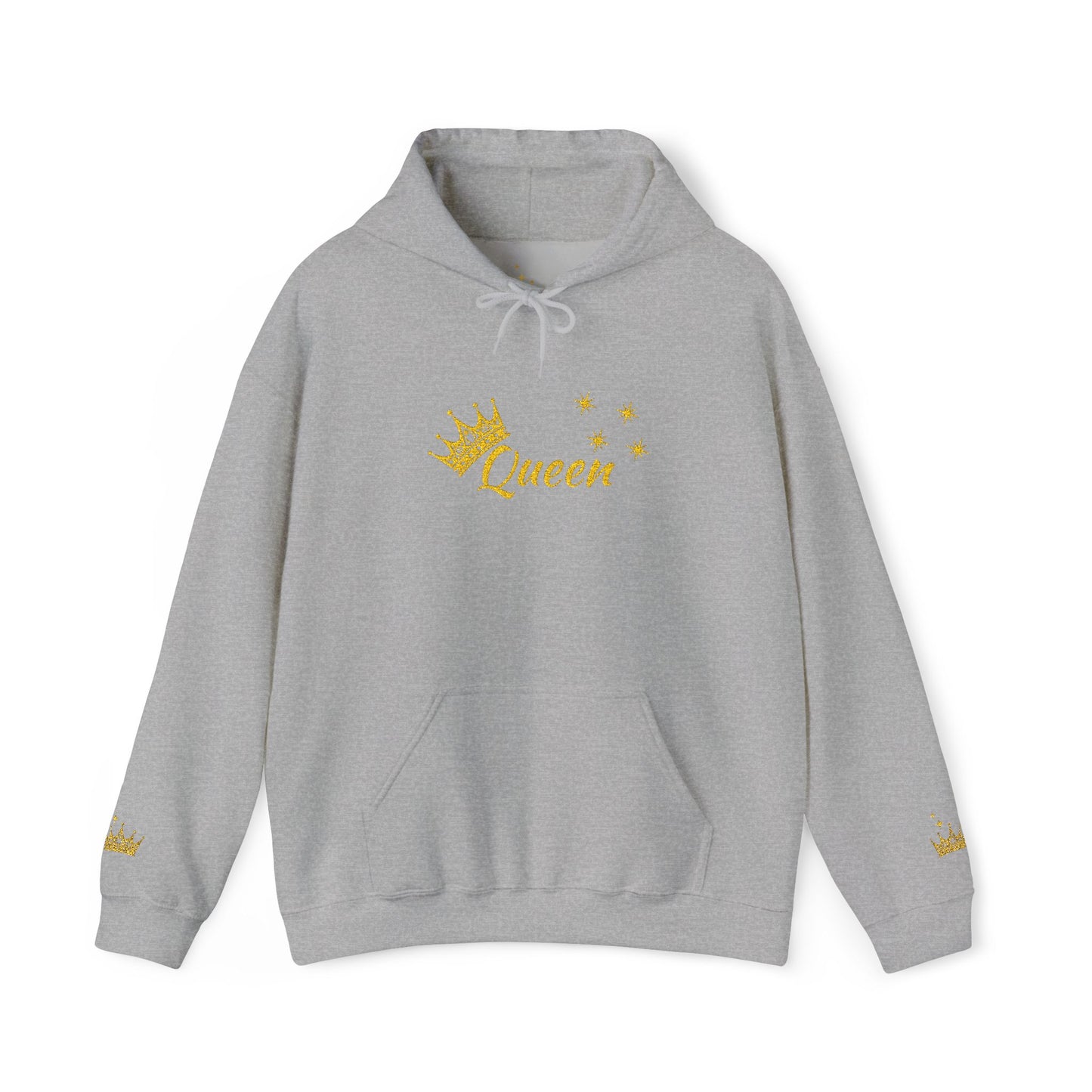 Queen Crown Hoodie — Glitter Gold "Queen" Graphic Hooded Sweatshirt