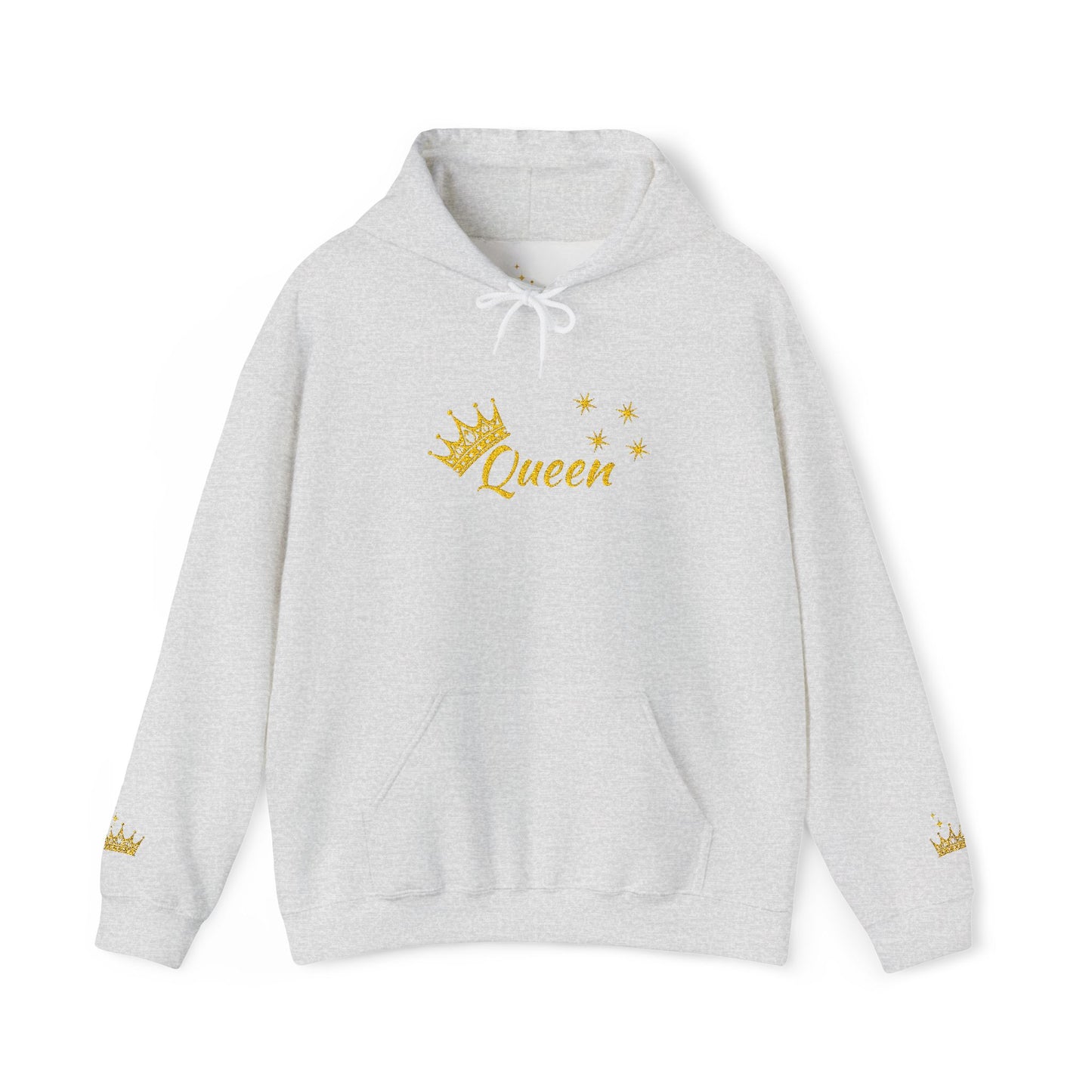 Queen Crown Hoodie — Glitter Gold "Queen" Graphic Hooded Sweatshirt