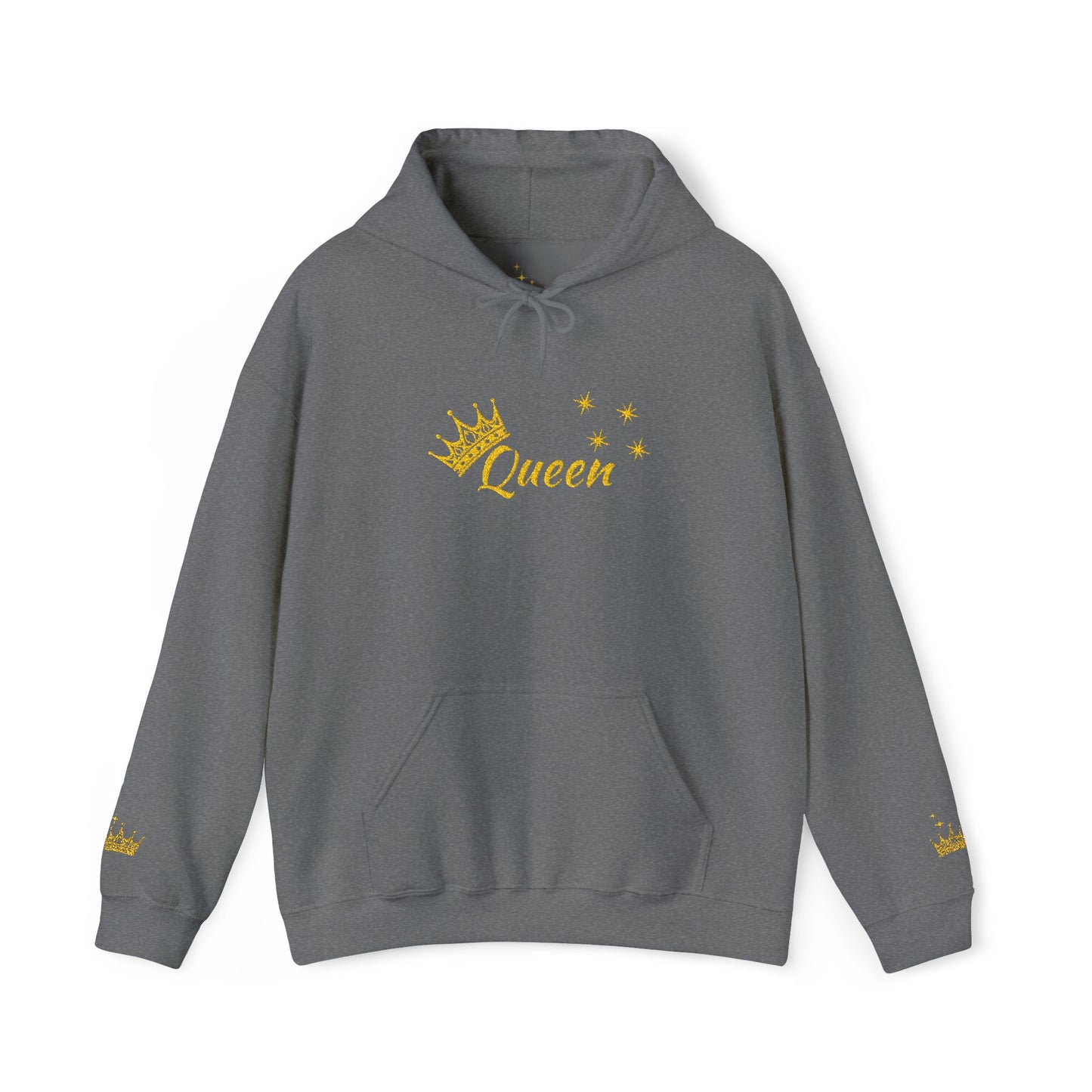Queen Crown Hoodie — Glitter Gold "Queen" Graphic Hooded Sweatshirt