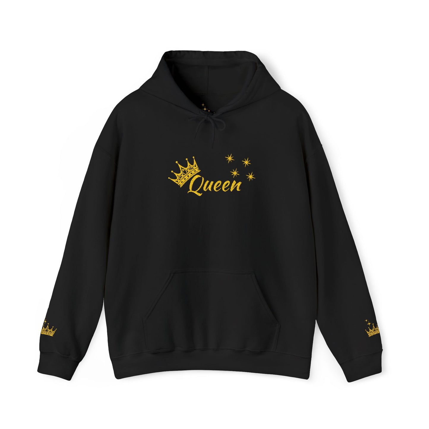 Queen Crown Hoodie — Glitter Gold "Queen" Graphic Hooded Sweatshirt